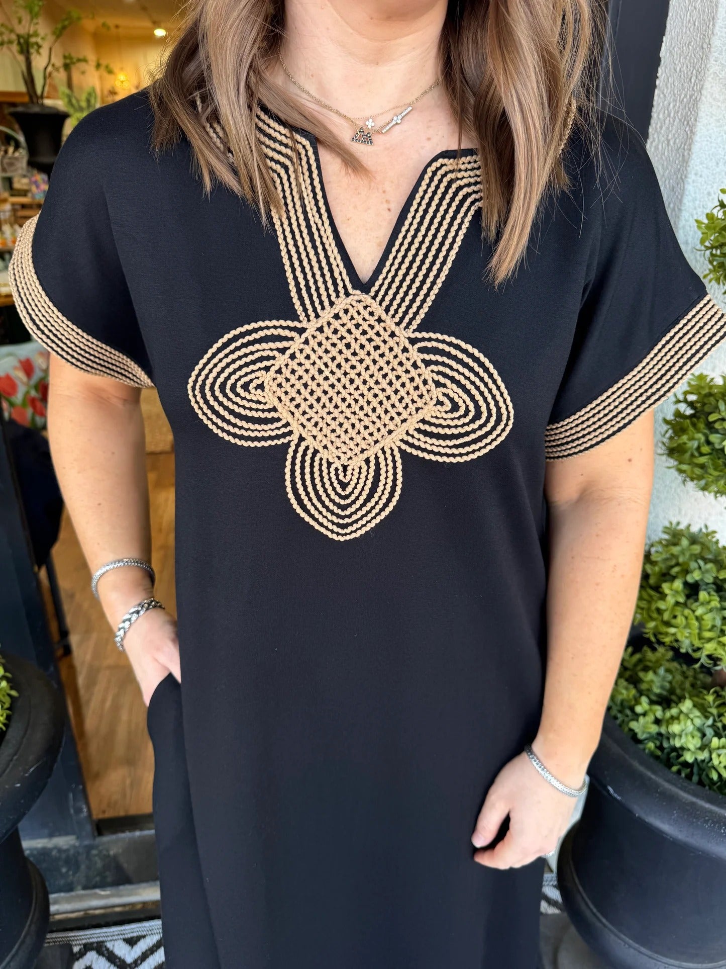 Embroidered V-neck Midi Dress