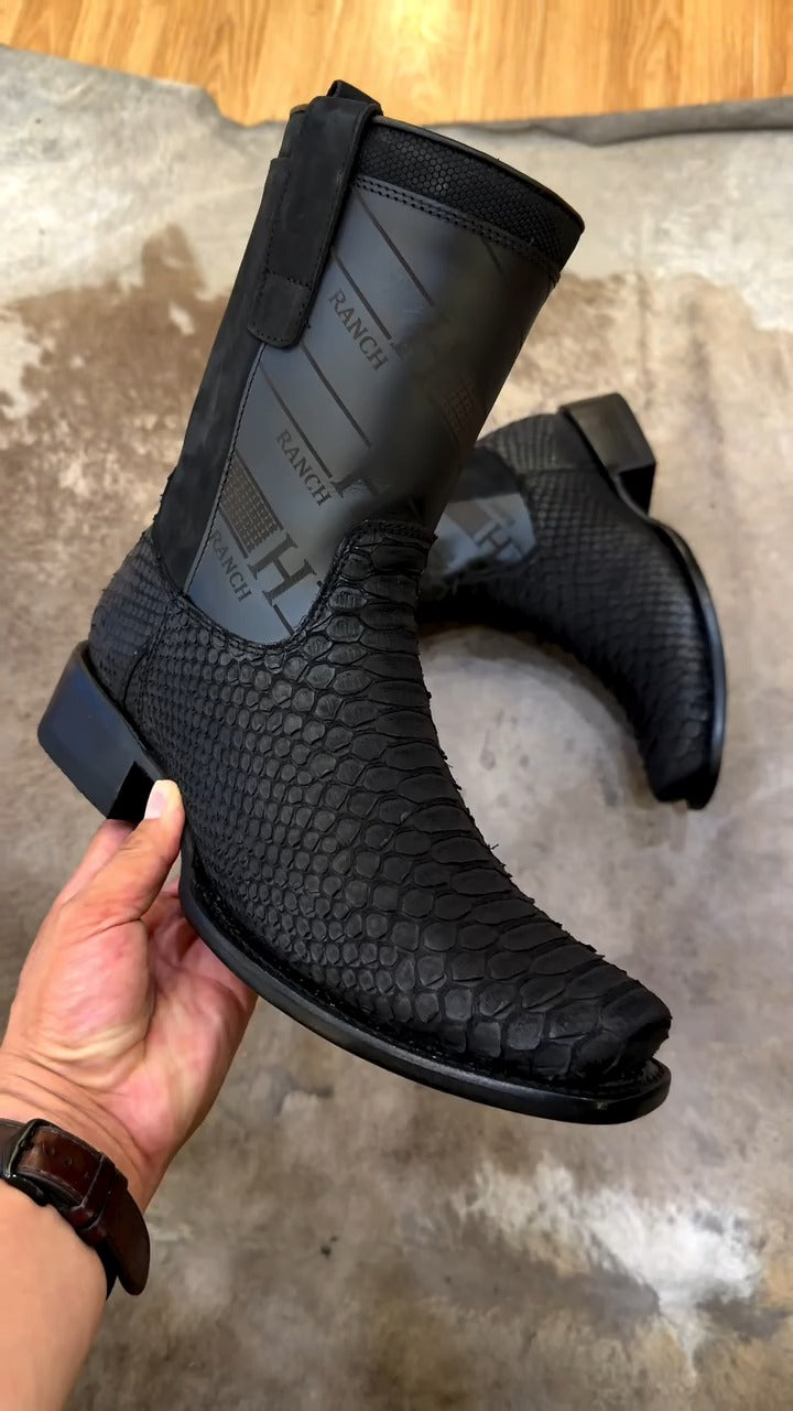 Men's Black Python Skin Boots - Square Toe