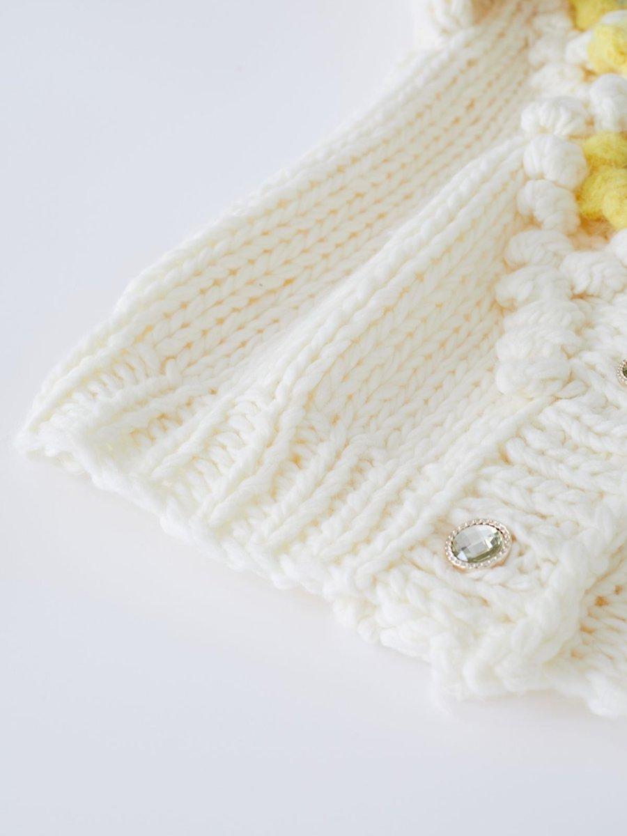YELLOW STITCH FLOWER POM-POM KNIT CARDIGAN