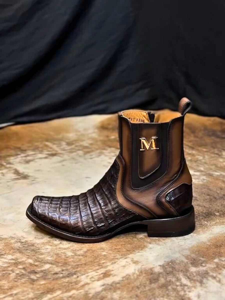 Black Lettering Crocodile Leather Boots