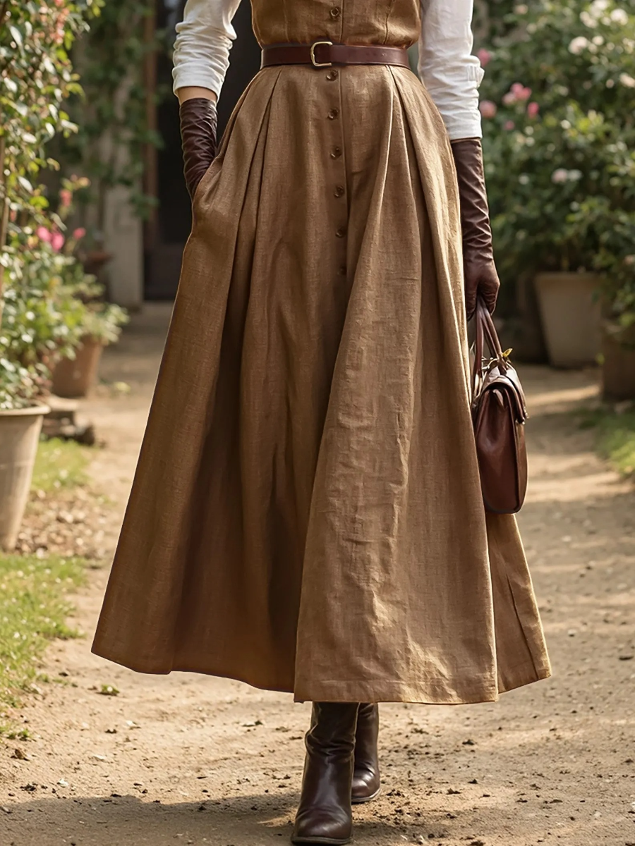 Maxi Linen Dress Set & Shirt, Long Sleeves, Shawl Collar, Plain, Button Design, French Vintage, Light Brown