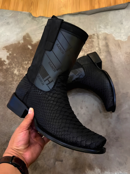 Men's Black Python Skin Boots - Square Toe