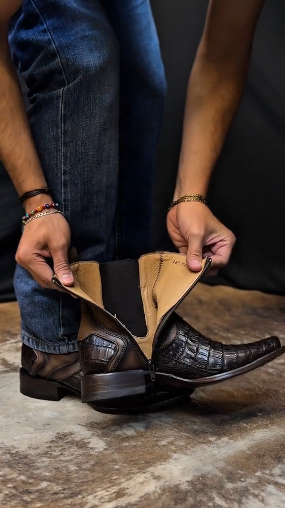 Black Lettering Crocodile Leather Boots
