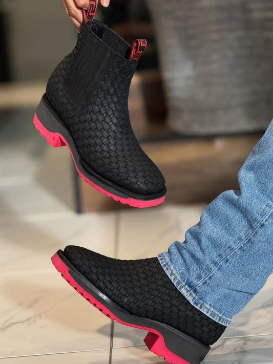 Black Basketweave Leather Botin With 3D Lightweight Soles - Square Toe