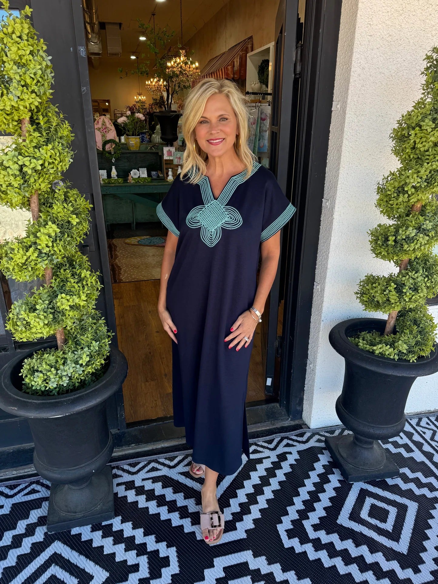 Embroidered V-neck Midi Dress