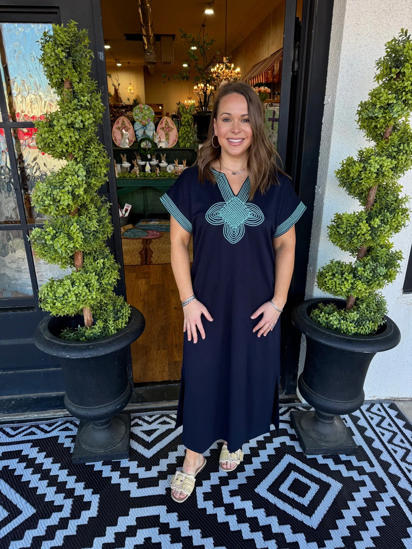 Embroidered V-neck Midi Dress