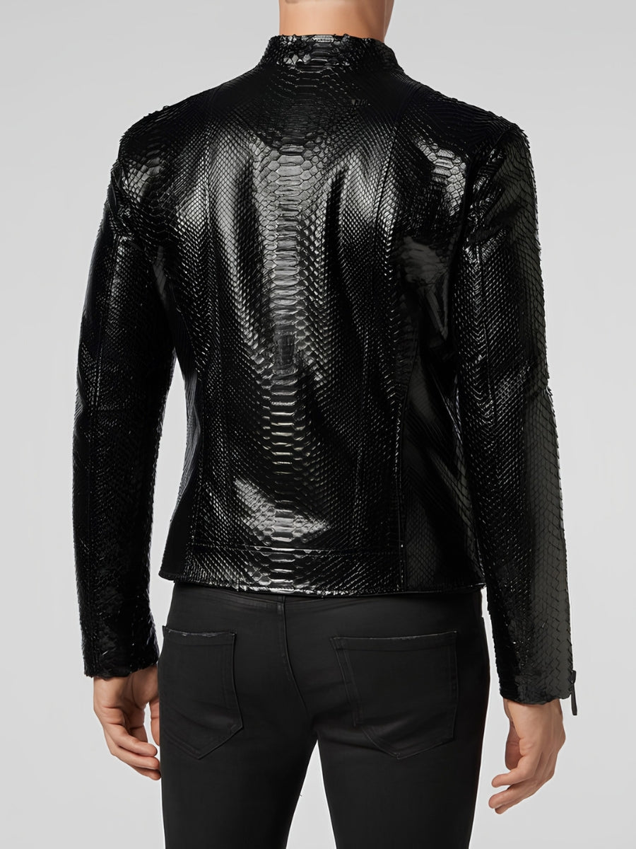 Python Embossed Black Genuine Leather Men Jacket