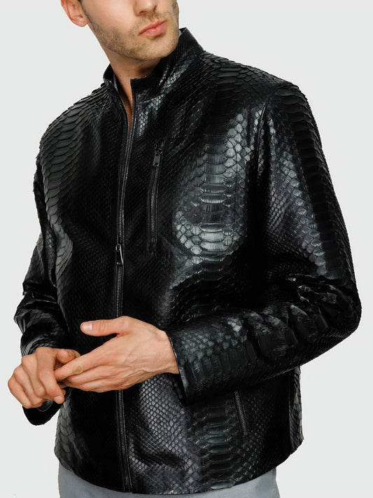 Python Embossed Black Genuine Leather Men Jacket
