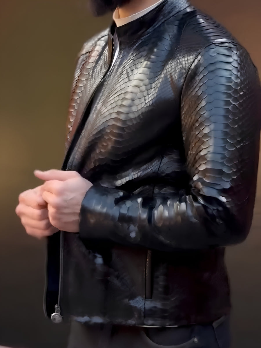 Python Embossed Black Genuine Leather Men Jacket