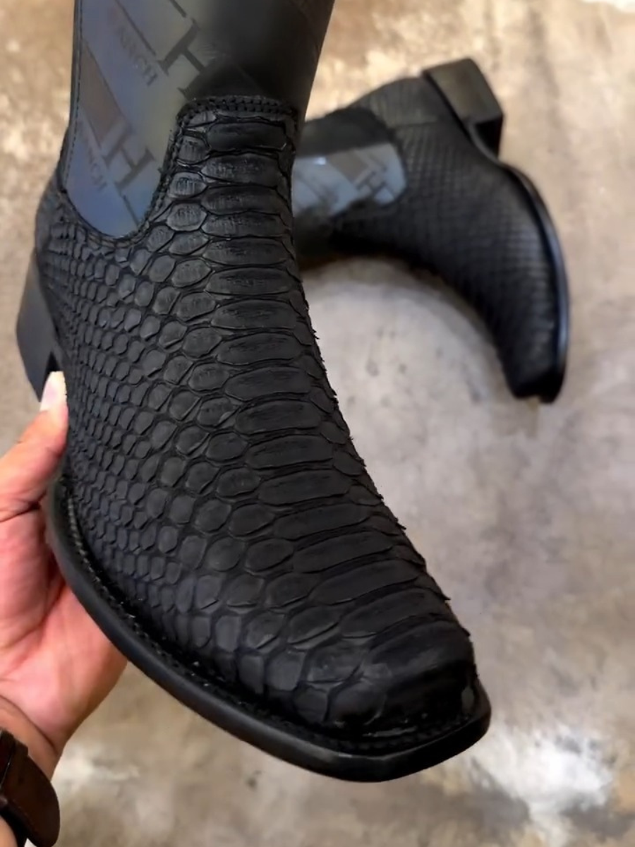 Men's Black Python Skin Boots - Square Toe