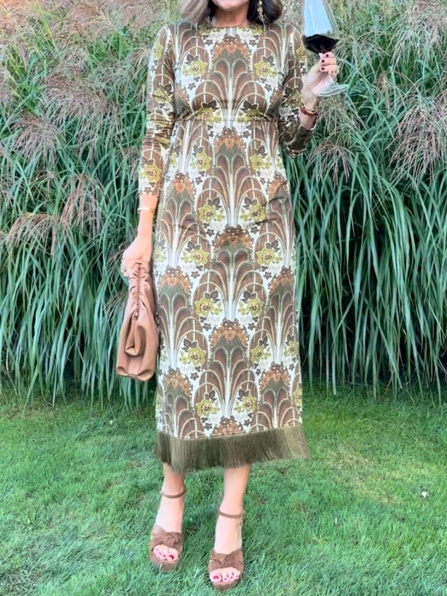 Floral Print Fringed Hem Midi Dress