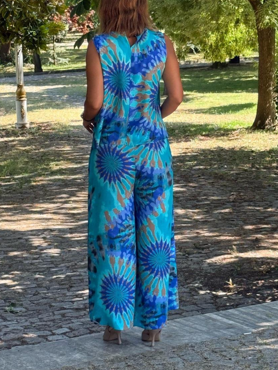 Sicily Blue Ethnic Pattern Trousers And Blouse Two Piece Suit