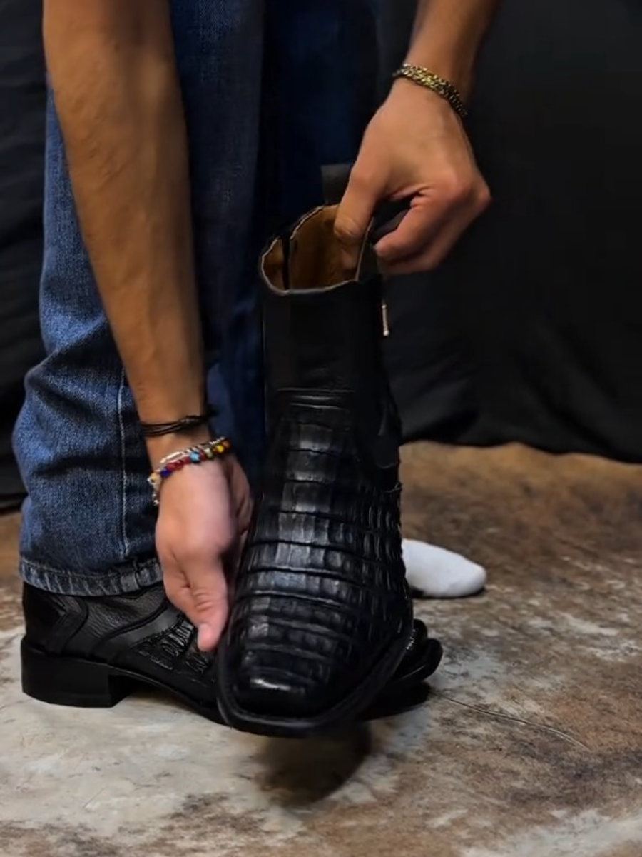 Black Lettering Crocodile Leather Boots