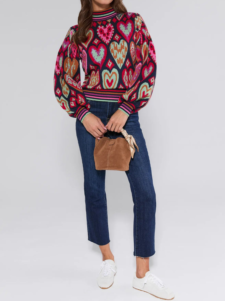 Heart Details Mock Neck Long Sleeve Sweater