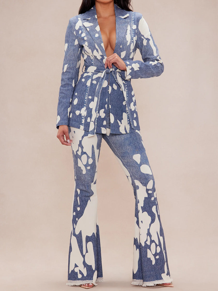 Fashion Denim Belted Two Pieces Set