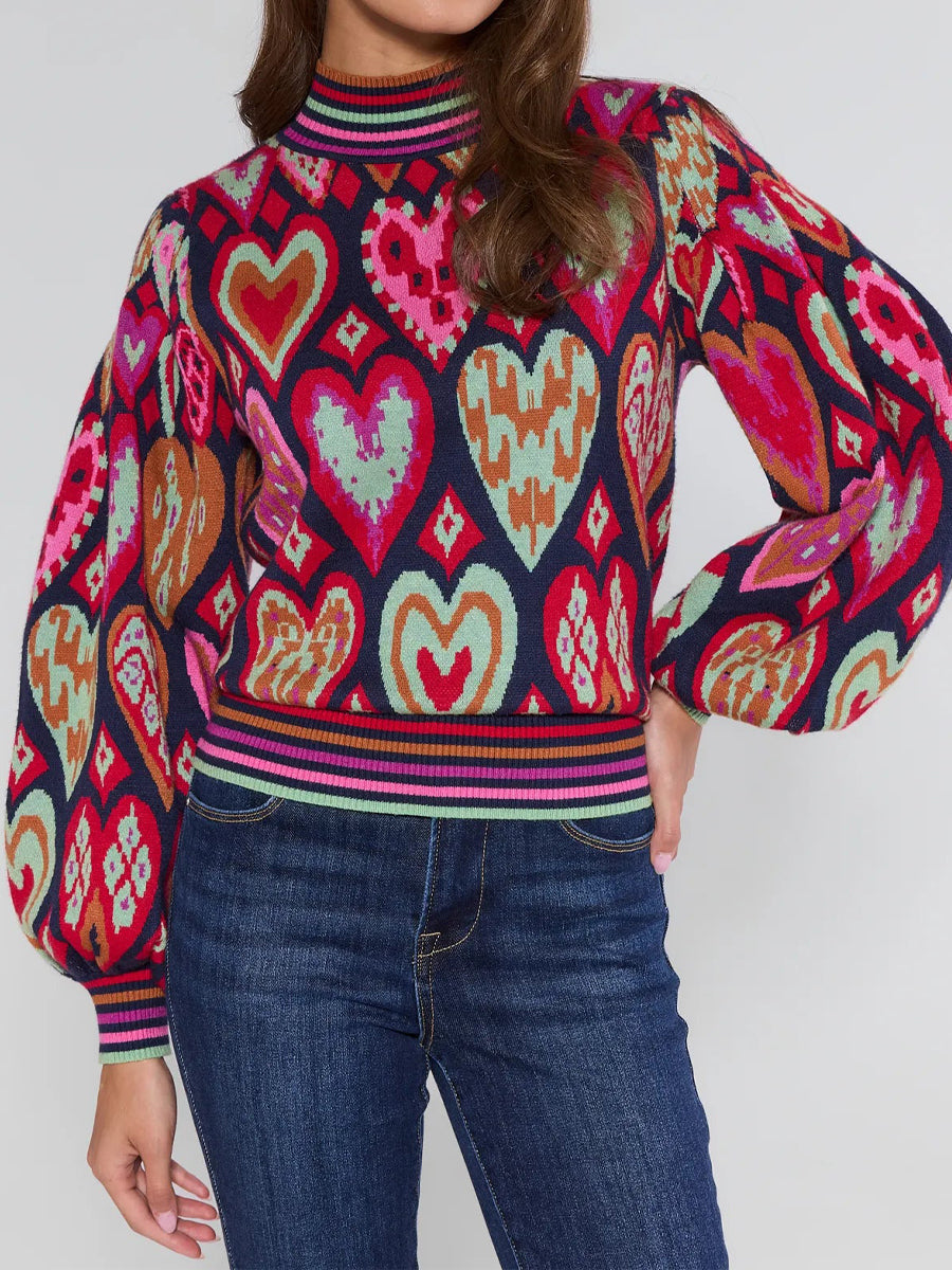 Heart Details Mock Neck Long Sleeve Sweater