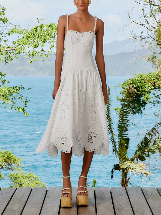 Scalloped-edge Midi Dress With Eyelet Details