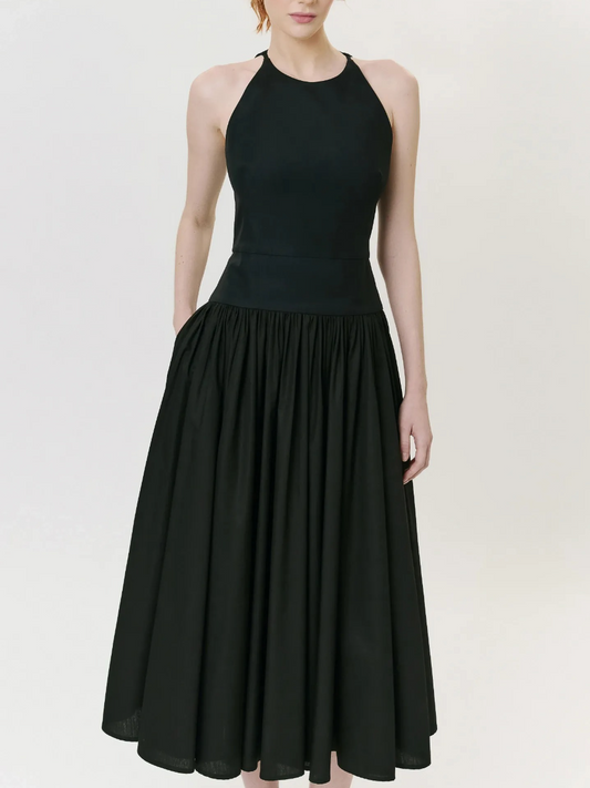 Black Midi Dress With A High Neckline And A Hood