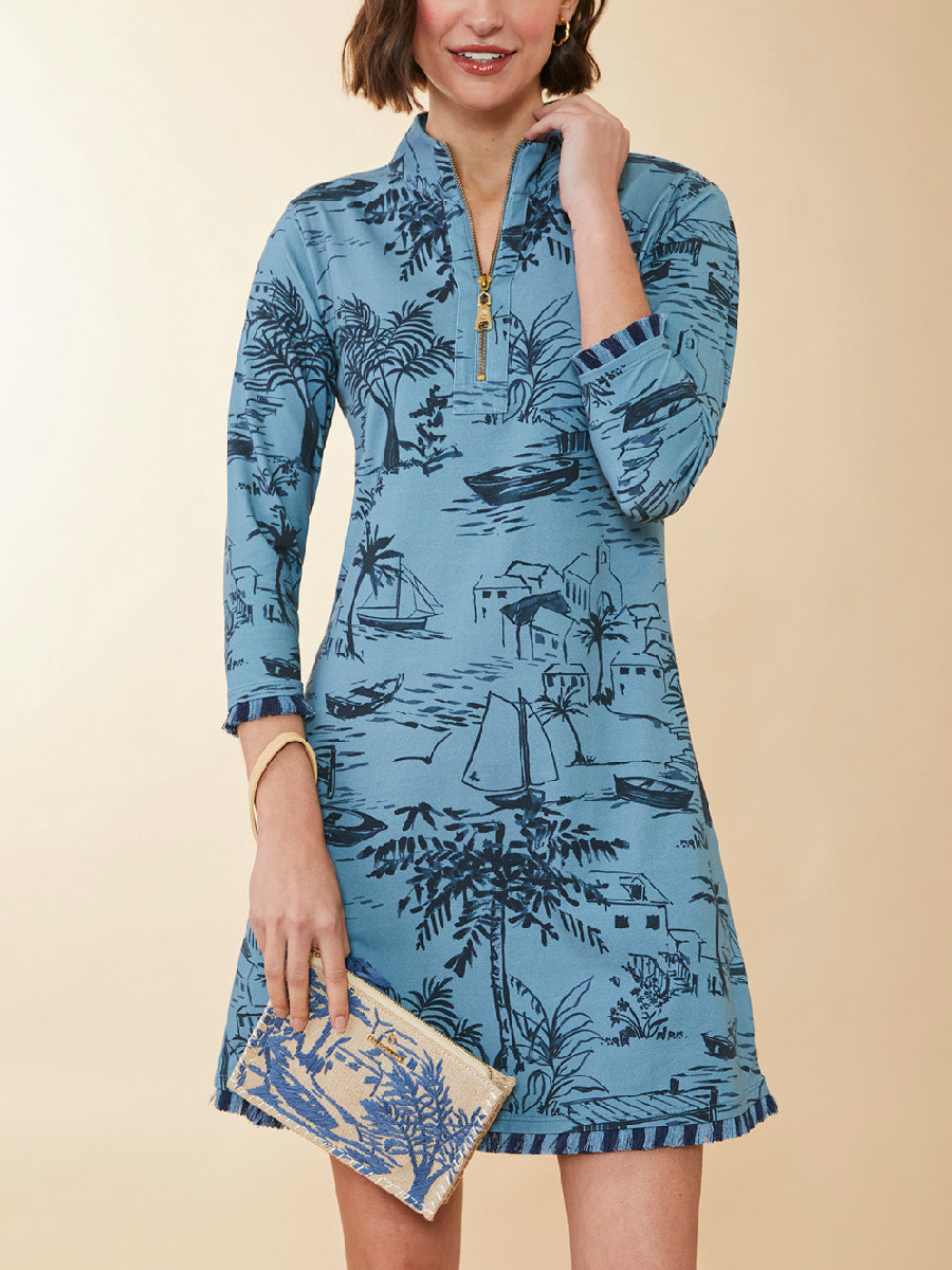 Nora Half-Zip Fringe Dress Clara Seascape Bluestone