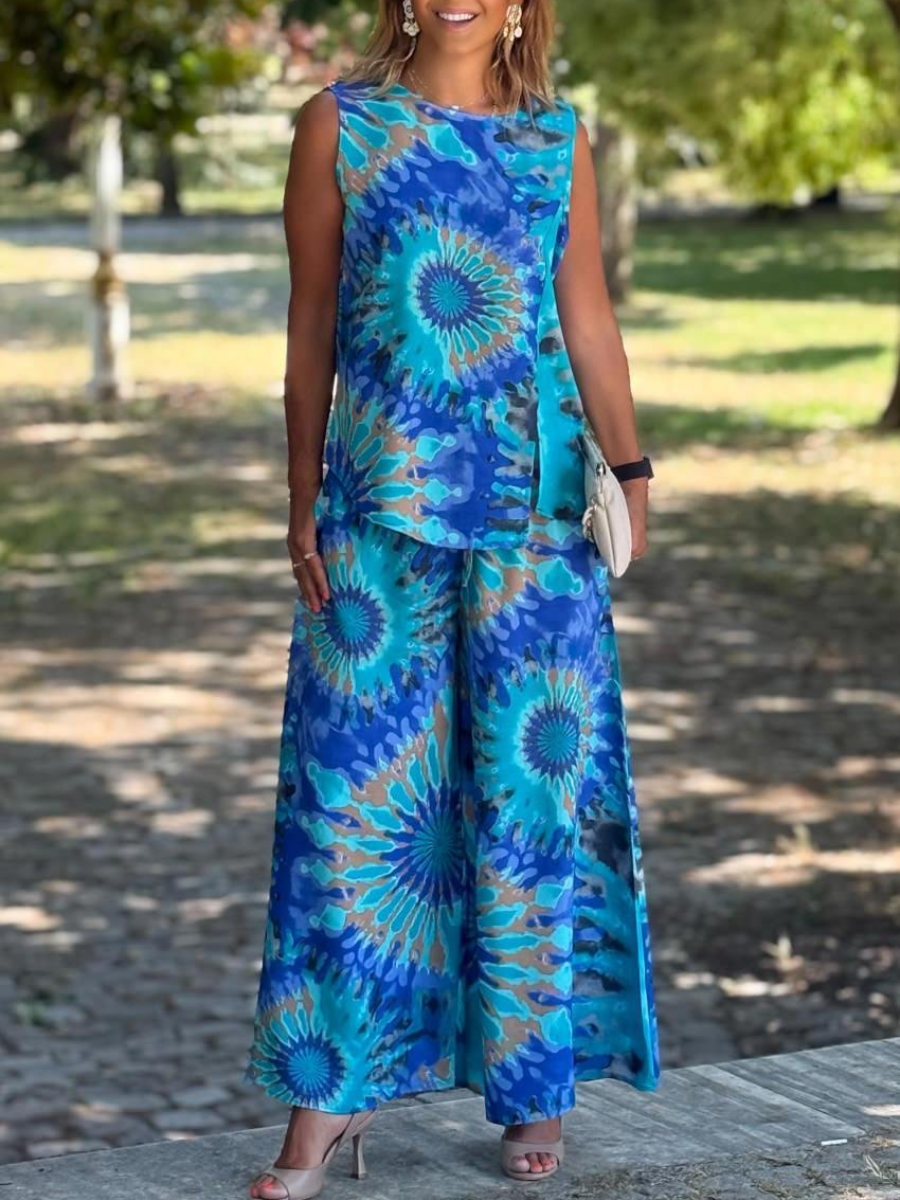 Sicily Blue Ethnic Pattern Trousers And Blouse Two Piece Suit