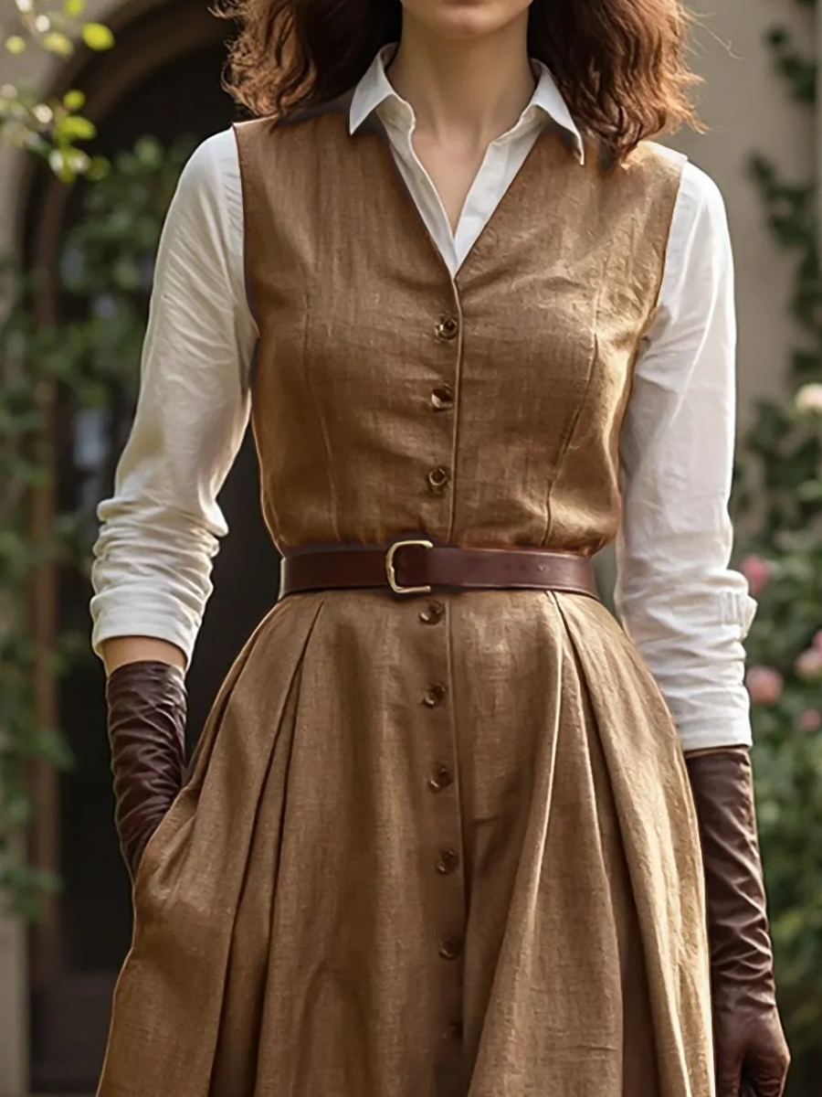 Maxi Linen Dress Set & Shirt, Long Sleeves, Shawl Collar, Plain, Button Design, French Vintage, Light Brown