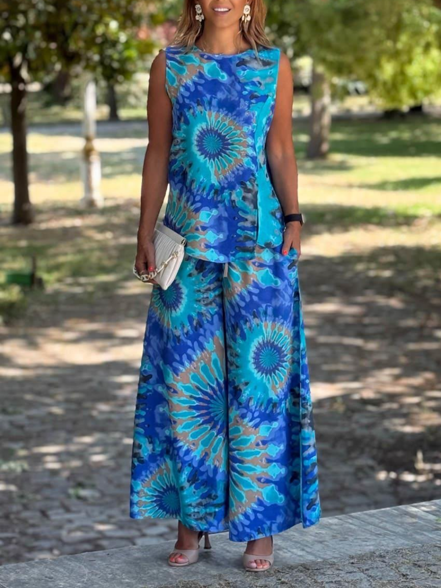 Sicily Blue Ethnic Pattern Trousers And Blouse Two Piece Suit